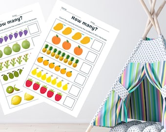 5 Fruit Counting Pages For Kids, Preschoolers Toddlers Learning Worksheets, Simple Math , Montessori Homeschool Printable, Counting Practice