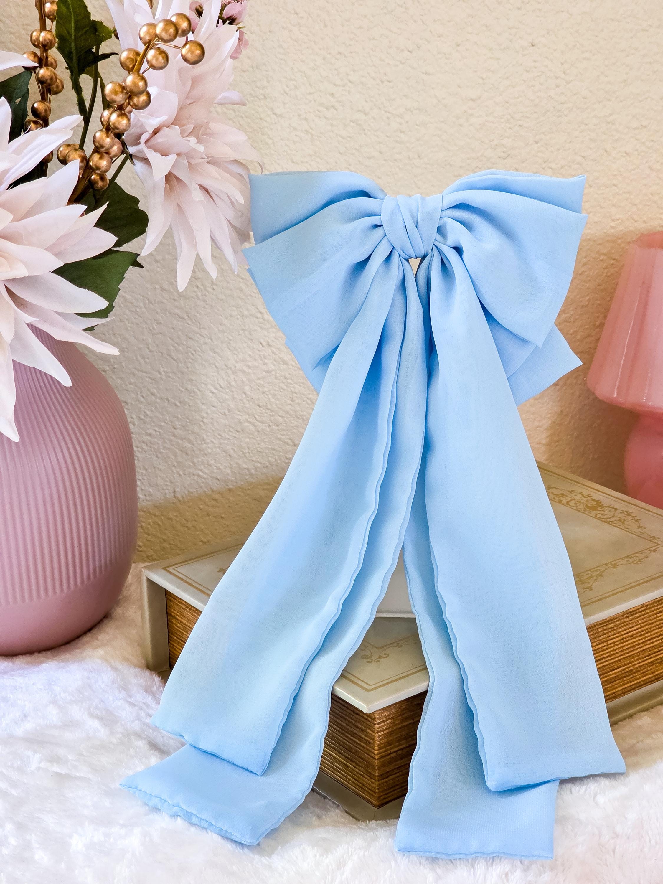 Baby Blue Chiffon Hair Bow Oversized Boutique Bow Elegant Long Tail Bow Handmade Hair Accessory for Girls & Women