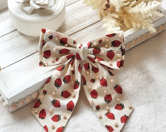 Strawberries Print Hair Bow, Spring Hair Bows, Faux Pearls Hair Bows, Women Hair Bows, Delicate Hair Bow, Hair Bows, Country Hair Bow, Bows