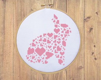 Bunny Cross Stitch patroon met harten in roze - PDF-bestand - Pasen Cross Stitch patroon, voorjaar Cross Stitch, X Stitch patroon, borduurwerk