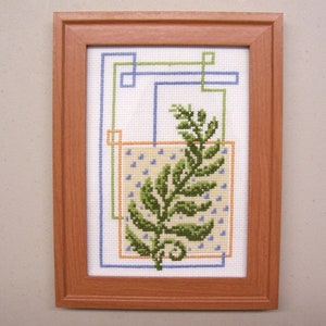 Completed Cross Stitch of Leaf and Framed with Brown Frame - Finished Cross Stitch, Completed X Stitch, Framed Cross Stitch