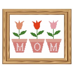 Mom Cross Stitch Pattern Tulips in Flower Pots that Spell MOM - PDF File - Instant Download - Mother&#39;s Day