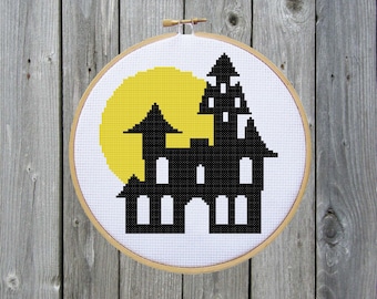 Halloween Cross Stitch Pattern Haunted House with Moon - Digital File/ Instant Download - Hoop Art