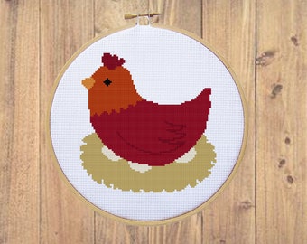 Chicken on Nest Cross Stitch Pattern: Farmhouse Hoop Art (PDF Pattern)
