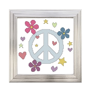 Peace Sign Cross Stitch Pattern: Hearts, Stars, Flowers (PDF File)