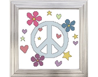 Peace Sign Cross Stitch Pattern with Hearts and Stars - PDF File, X Stitch Pattern, Embroidery, Counted Cross Stitch, Cute Cross Stitch