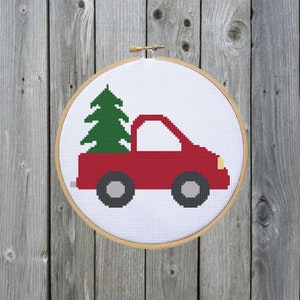 Christmas Tree and Red Truck Cross Stitch Pattern - Digital File/ Instant Download - Hoop Art, X Stitch Pattern, Car Cross Stitch