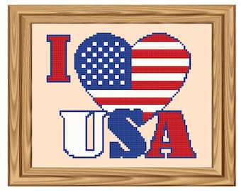 Padrão de ponto cruz patriótico "I Heart USA" com estrelas e listras - Arquivo digital - Arquivo PDF, Ponto cruz 4 de julho, Padrão de ponto X
