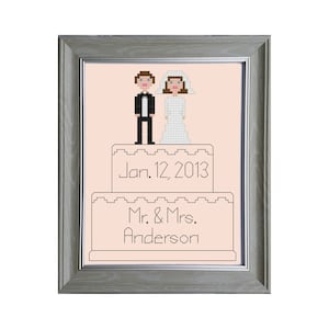 Wedding Cross Stitch Pattern - Cake Topper with Name and Date - PDF File - X Stitch Pattern, Wedding Cake Cross Stitch, Pixel People