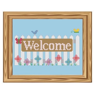 Welcome Cross Stitch Pattern - PDF File - Instant Download, X Stitch Pattern, Spring Cross Stitch, Quote Cross Stitch, Picket Fence