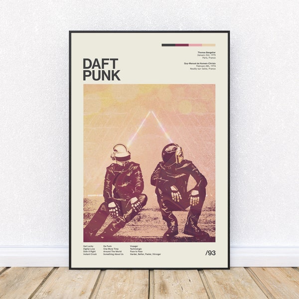 Cartel moderno de mediados de siglo inspirado en Daft Punk, impresión de estilo retro, DJ de música electrónica de baile, arte de pared, Distrito 33