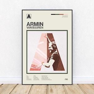 Poster ispirato ad Armin van Buuren, stile Mid-Century Modern, stampa in stile retrò, DJ di musica dance elettronica, arte murale, District 33