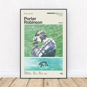 Poster di Porter Robinson ispirato allo stile Mid-Century Modern, stampa in stile retrò, musica dance elettronica, DJ, arte murale, District 33