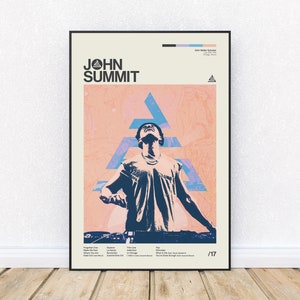 Póster inspirado en John Summit, estilo retro, impresión moderna de mediados de siglo, DJ de música electrónica de baile, arte mural, Distrito 33