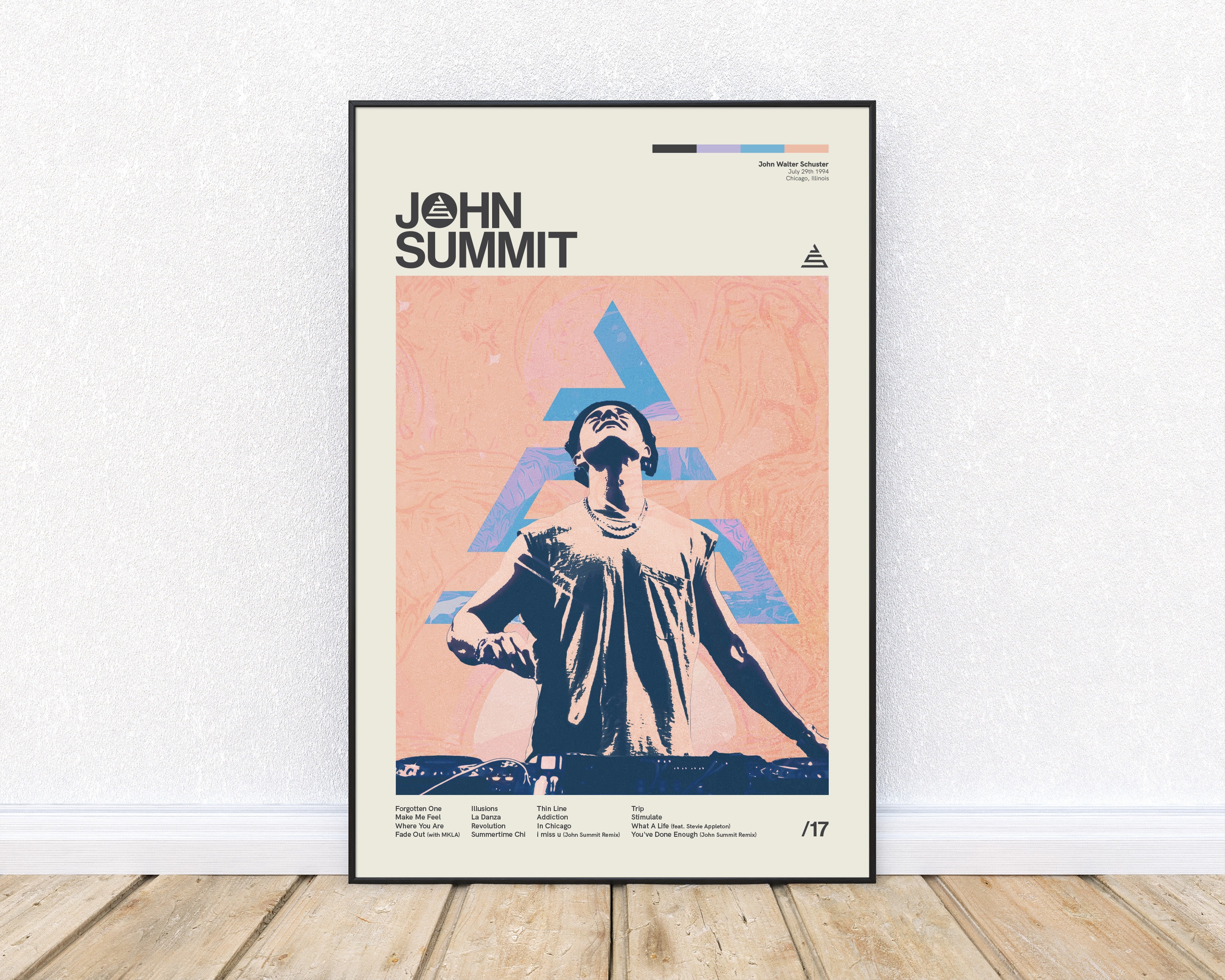 Póster inspirado en John Summit, estilo retro, impresión moderna de mediados de siglo, DJ de música electrónica de baile, arte mural, Distrito 33