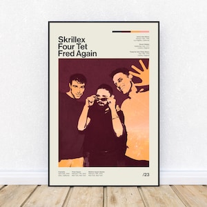 Póster de mediados de siglo inspirado en Skrillex, Four Tet y Fred Again, impresión de estilo retro, DJ de música electrónica de baile, arte mural, Distrito 33