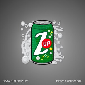 Peut inclure: Une canette verte avec un logo "Z" blanc et "UP" rouge. La canette est entourée de bulles blanches et d'une éclaboussure blanche.