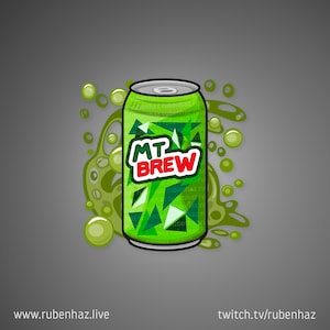 May include: A green can of Mountain Dew with the text "MT. BREW" in red and white. The can is surrounded by green and white bubbles.