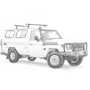 May include: A detailed black and white illustration of a white Toyota Land Cruiser. The vehicle has a roof rack, a snorkel, and a front bumper guard. The tyres are black, and the background is white.