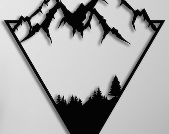 May include: Black silhouette of a mountain range inside a triangle, with a forest of trees at the base.