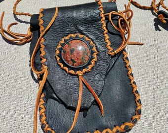 Deerskin leather shoulder bag, Peanut Obsidian and fine deerskin leather shoulder bag, Shamanic wear