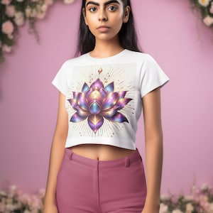 Women&#39;s Crop Tee &quot;Creation&quot; Girl&#39;s Cropped T-Shirts Egyptian Lotus Flower Floral Tee&#39;s Yoga Tops