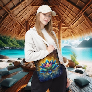 Cosmic Fire Egyptian Lotus Tote Bag, Reusable Shopping Bag, Eco-Friendly Shoulder Bag, Boho Beach Tote, Gift for Her, Sacred Symbols Bag