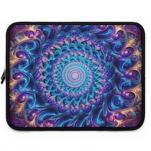 May include: A laptop sleeve with a colorful, abstract mandala design. The mandala features swirling patterns in shades of blue, purple, pink, and gold.