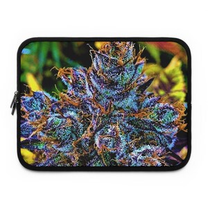 Puede incluir: Primer plano de un cogollo de cannabis vibrante de color púrpura y azul con pelos anaranjados. El cogollo está rodeado de hojas verdes y tiene un aspecto psicodélico.