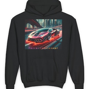 May include: Black hoodie with a red sports car graphic and the text "Ferrari Concept" printed on the front.
