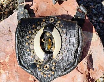 Leather handbag, Amber and Boars tusk, crossbody or Shoulder bag, Bespoke leather bag