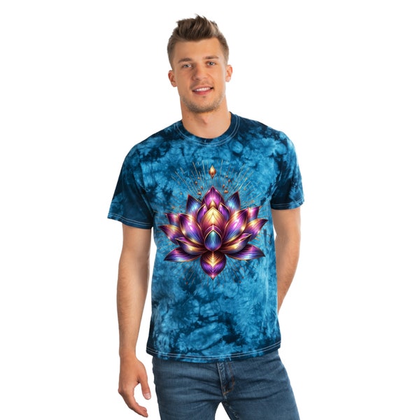 Men's Women's Tie-Dye Tee Shirt, Crystal, Lotus Blossom design Flowered Tees 60s Retro Spiritual Clothing