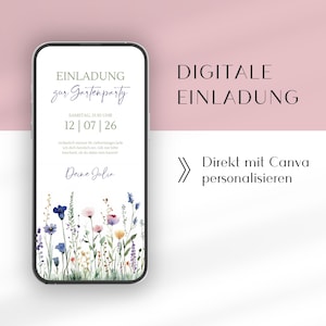 Digitale WhatsApp Einladung mit Wildblumen für die Gartenparty | Geburtstagseinladung rosa Blumen | Deutsche Canva Vorlage | eCard Sommer