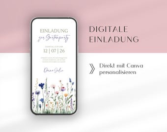 Digital WhatsApp invitation with wildflowers for a garden party | Birthday invitation with pink flowers | German Canva template | Summer eCard