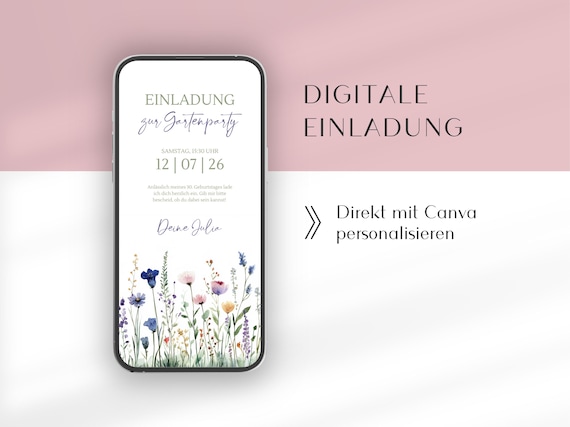Digitale WhatsApp Einladung mit Wildblumen für die Gartenparty | Geburtstagseinladung rosa Blumen | Deutsche Canva Vorlage | eCard Sommer