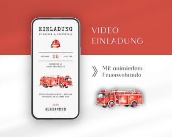 Digital invitation for a child's birthday party | Animated birthday invitation | Fire engine | Digital template | Fire brigade theme birthday