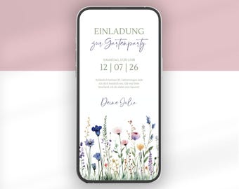 Digital WhatsApp invitation with wildflowers for a garden party | Birthday invitation with pink flowers | German Canva template | Summer eCard