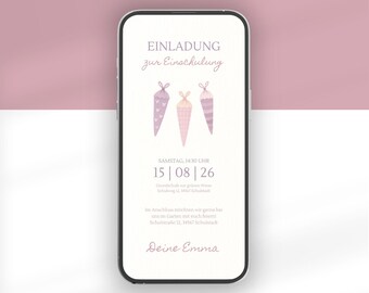 Digital invitation for the first day of school | Pink school cones | Invitation for girls' first day of school with name | German Canva template for the start of school