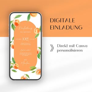 誕生日やガーデンパーティーのデジタル招待状 | eカード ピーチズ |ドイツ語 Canva テンプレート | デジタルWhatsApp招待状