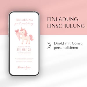 Invitation numérique pour l'inscription scolaire | Licorne rose | Invitation à l'inscription scolaire pour les filles avec nom | Modèle Canva allemand pour la rentrée scolaire