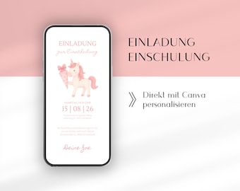 Digital school enrollment invitation | Pink unicorn | School enrollment invitation for girls with name | German Canva template for the start of school