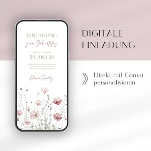 Digitale WhatsApp Einladung mit Wildblumen für die Gartenparty | Geburtstagseinladung rosa Blumen | Deutsche Canva Vorlage | eCard Sommer