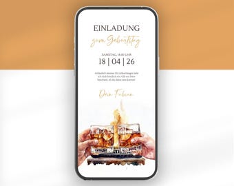 Digital birthday invitation for men with whiskey | WhatsApp invitation for birthdays, garden parties, or men's nights out | German Canva template