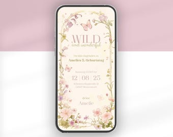 Digital invitation with flowers and animated butterflies for a children's birthday party | WhatsApp invitation | Birthday invitation template