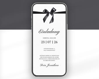 Digital birthday invitation (black) | Black invitation with bow | Canva template (German) | WhatsApp invitation