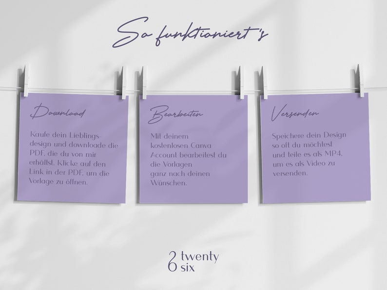 May include: Three purple cards with white text on a white background. The cards are hanging from clothespins on a string. The text on the cards reads "Download", "Edit", and "Send".