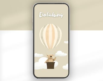 Digital invitation for a children's birthday party with a bear design | Canva template | Bear in a hot air balloon | Animated invitation for WhatsApp | 1st birthday