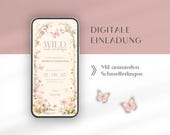 Digitale Einladung mit Blumen und animierten Schmetterlingen für den Kindergeburtstag | WhatsApp-Einladung | Vorlage Geburtstagseinladung