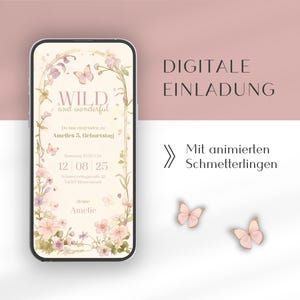 Invito digitale con fiori e farfalle animate per la festa di compleanno di un bambino | Invito WhatsApp | modello di invito di compleanno