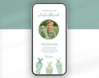 Digital thank you card with photo | Thank you card/thank you note for starting school with a green school cone design | Back to school thank you via WhatsApp